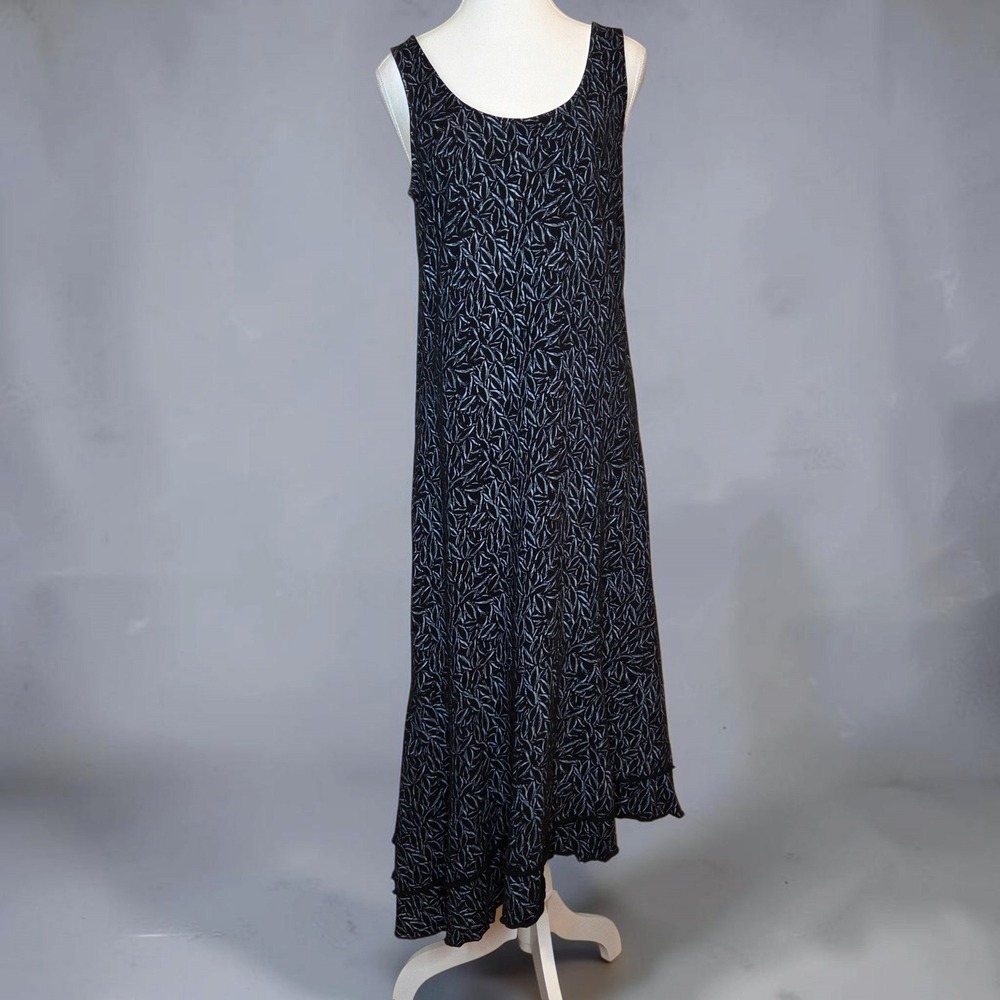 Fresh Produce Black Leaf Print Asymmetrical Tiered Midi Dress Womens M Cotton